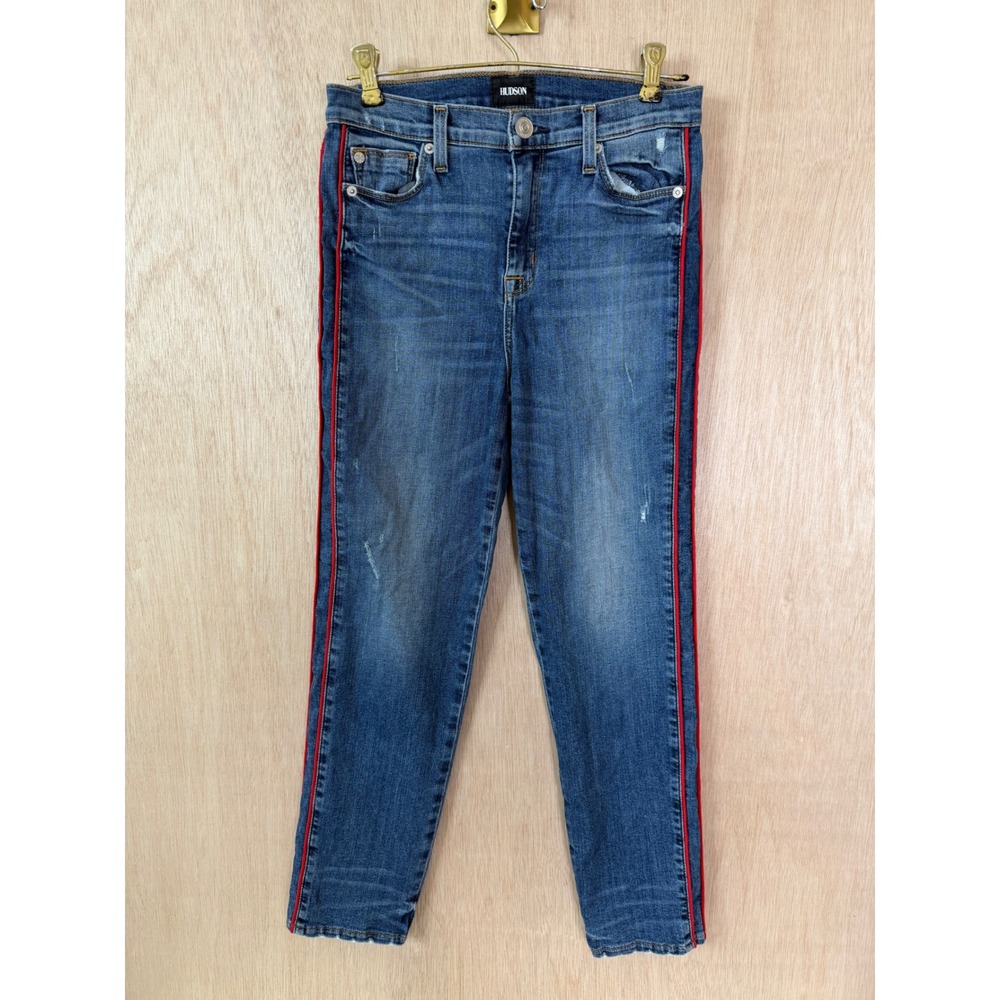 Hudson Jeans Womens 26 Zoeey High Rise Blue Denim Red Side Stripe Skinny